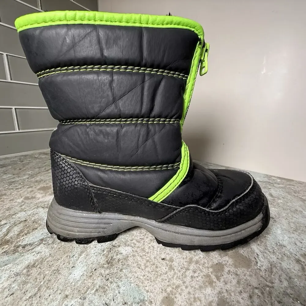 Wonder Nation Kids Snow Boots 10‎ Zip Up Fleece Water Resistant Black Neon Green